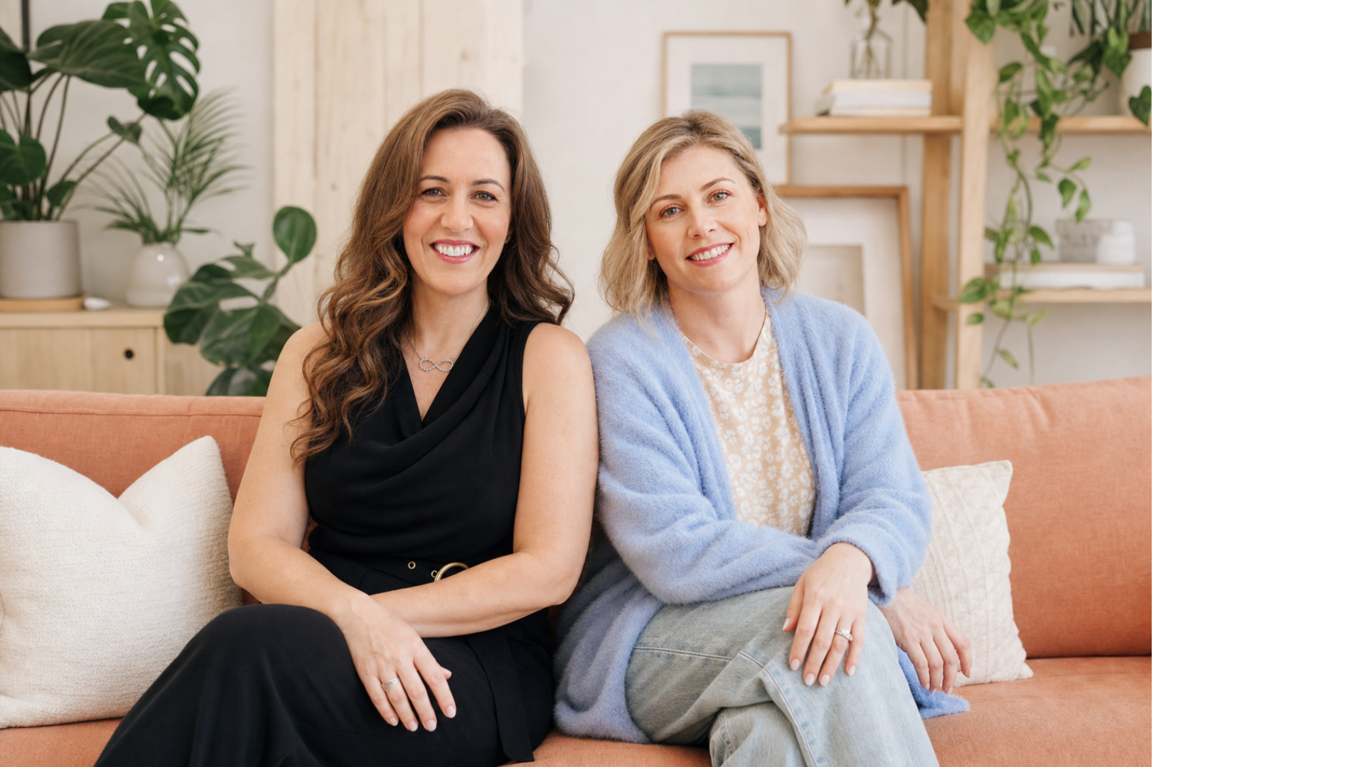 Lisa and Amanda sitting together in a bright studio